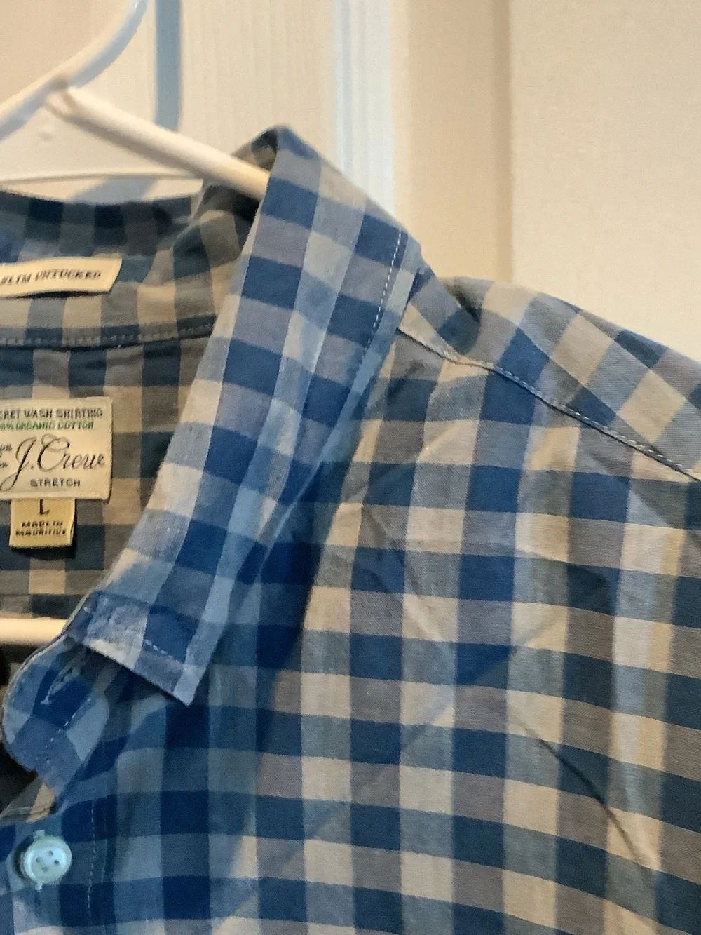 J. Crew Blue and White Gingham Button-Down Shirt, slim, untucked